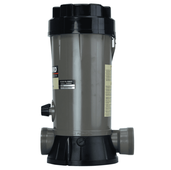 A grey and black Hayward CL200 In-line Automatic Chemical Feeder on a white background.